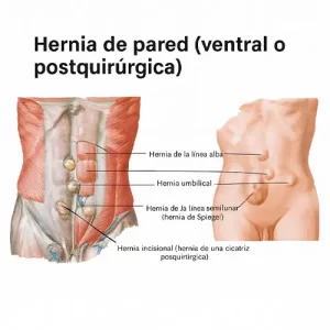 Ilustración médica de hernia de pared ventral o postquirúrgica con tipos de hernia abdominal