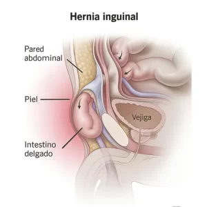 Hernia inguinal. Es la más común. Ocurre cuando parte del intestino sobresale a través de un punto débil en la ingle.