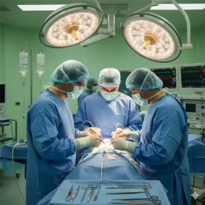 Equipo médico en quirófano realizando cirugía de urgencia en paciente con abdomen agudo.
