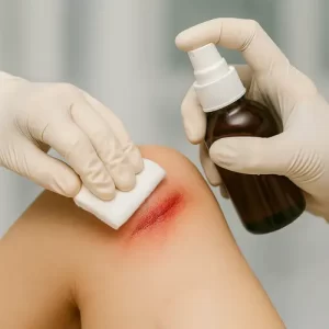 Aplicación de antiséptico en una herida de rodilla como parte del manejo de heridas en Toluca y Metepec